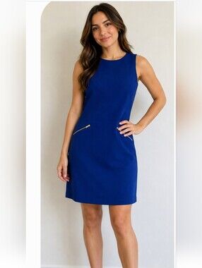 Banana Republic Cobalt Blue Sleeveless Shift Dress Gold Zip Pocket Detail XS